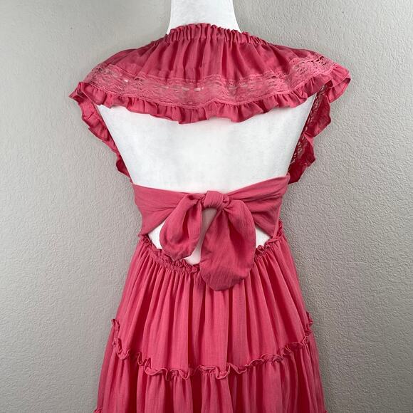 Lush Pink Blossom Lace Tie Back Square Neck Tiered Sleeveless Mini Dress LG NWT - Picture 8 of 12